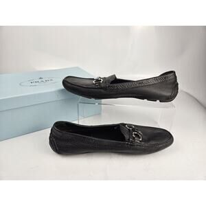 Prada Womens Size 9 Black Leather Loafers Silver Buckle *See Description *